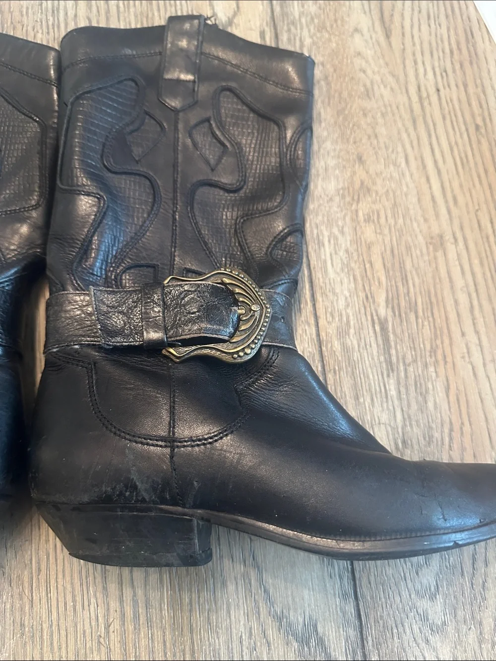 Vintage DP Italia Black Leather Western Harness Boots Made in Italy Women's 7M - Picture 7 of 13